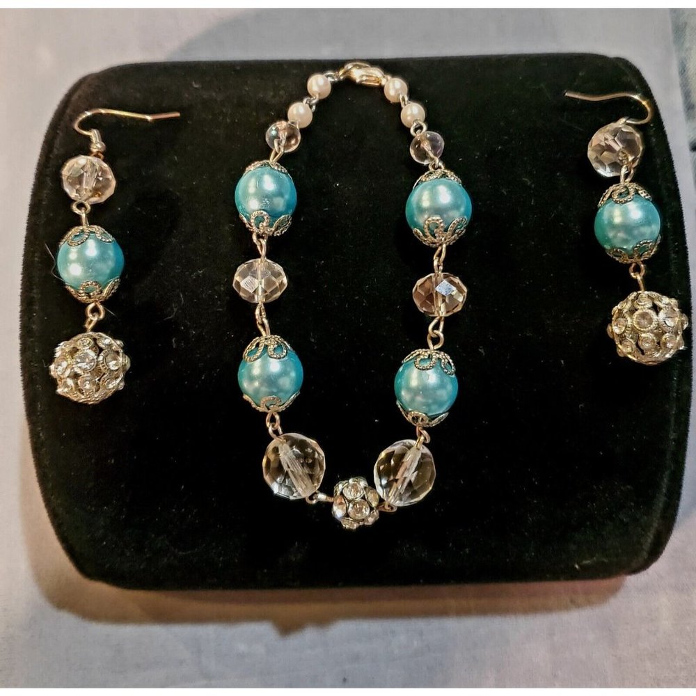 Vintage Beaded Bracelet and Dangle Earrings Blue Beads & Clear Faceted Crystals